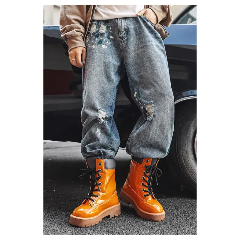 Botines de charol para hombre con cordones y suela gruesa antideslizante