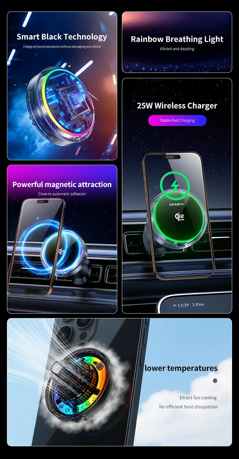 Soporte Magnético para Teléfono con Cargador Inalámbrico Qi2 de 25W, Refrigeración por Aire y Luz RGB, para iPhone Magsafe 17~12 Pro Max, Base de Carga Rápida