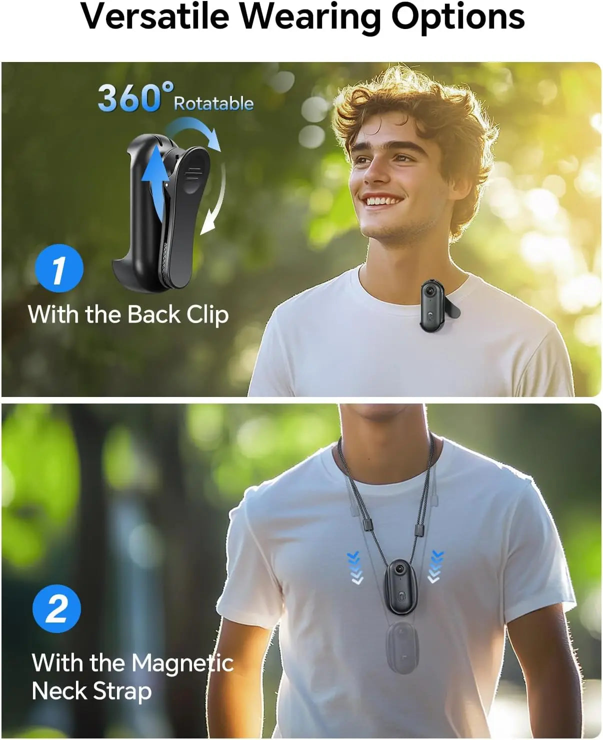 Mini cámara corporal 4K con clip rotatorio 360° y cordón magnético