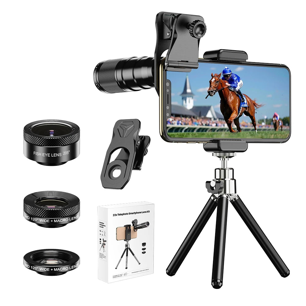 Kit Lentes 4 en 1 para Teléfono: Zoom 22X, Macro y Ojo de Pez
