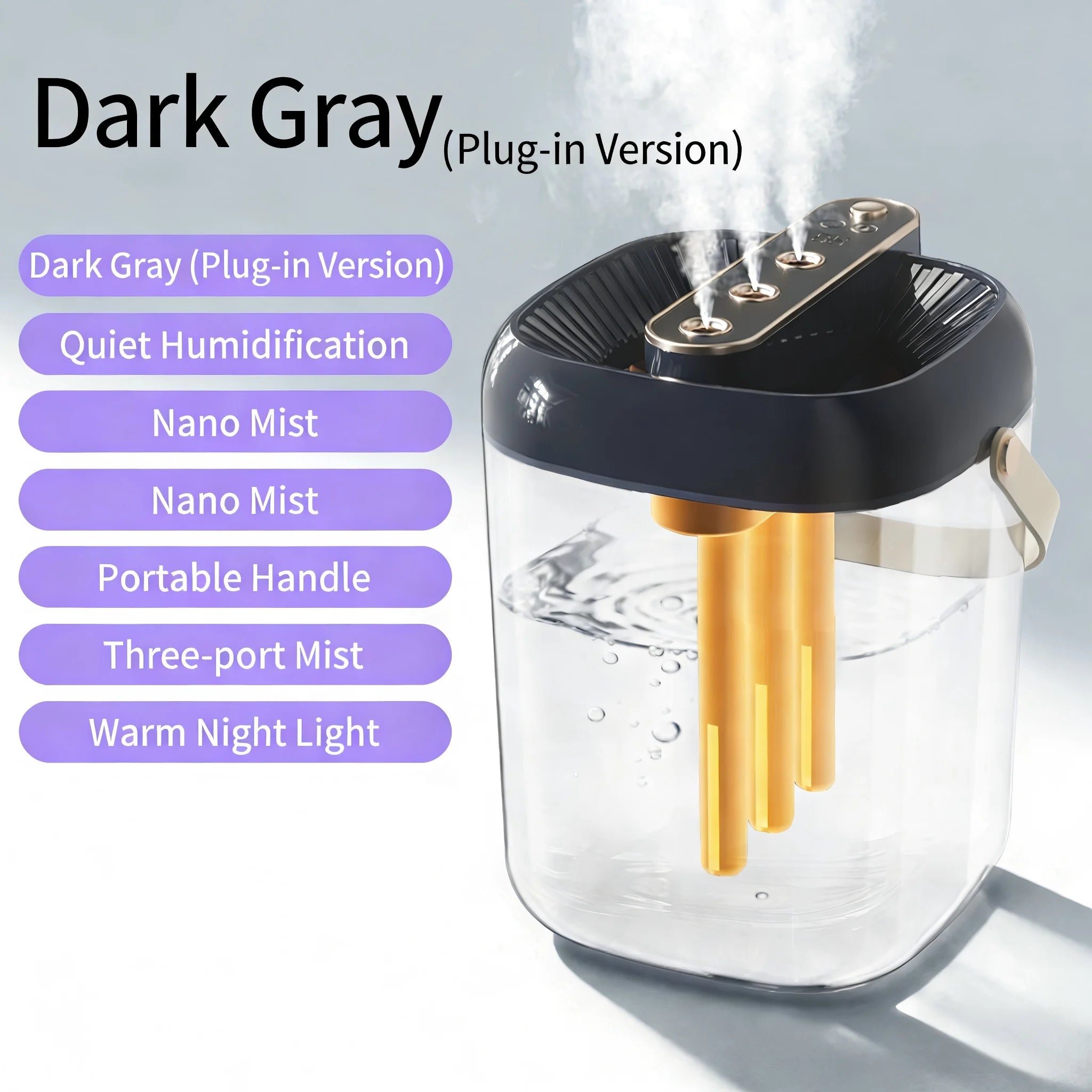 Humidificador Inteligente de 3 Pulverizaciones - Tanque de Agua de Gran Capacidad de 2L, Luz Nocturna Cálida, Protección Contra la Falta de Agua, Ajuste de Niebla de 4 Velocidades