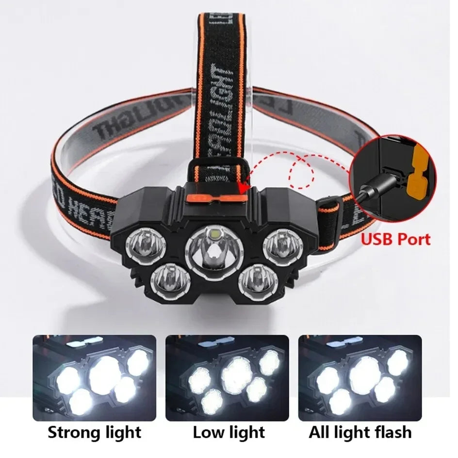 Linterna Frontal Recargable USB 5 LED para Pesca y Camping