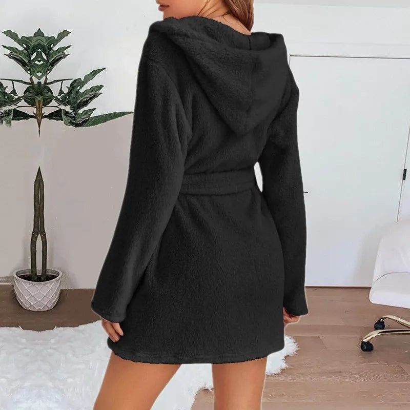Otoño Invierno mujer bata de baño Sexy pijamas de felpa esponjosos señoras con capucha vestido de Color sólido Albornoz cálido ropa de descanso femenina
