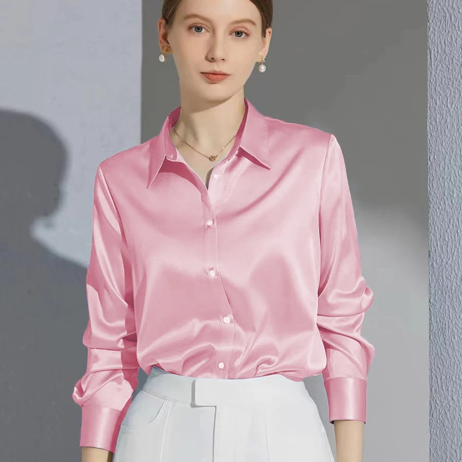 Camisa Satinada de Manga Larga para Mujer, Estilo Elegante