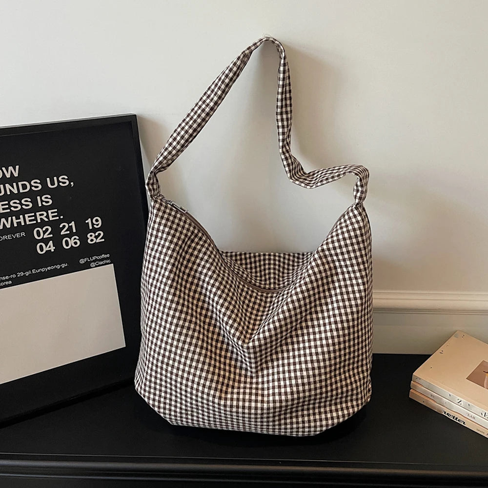 Bolso Bandolera para Mujer Estilo Casual, Diseño Retro a Cuadros, Versátil, Gran Capacidad, Tipo Dumpling, Bolso Tote para el Día a Día