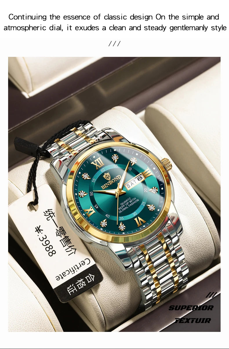 Reloj de pulsera deportivo BINBOND para hombre, cuarzo, resistente al agua
