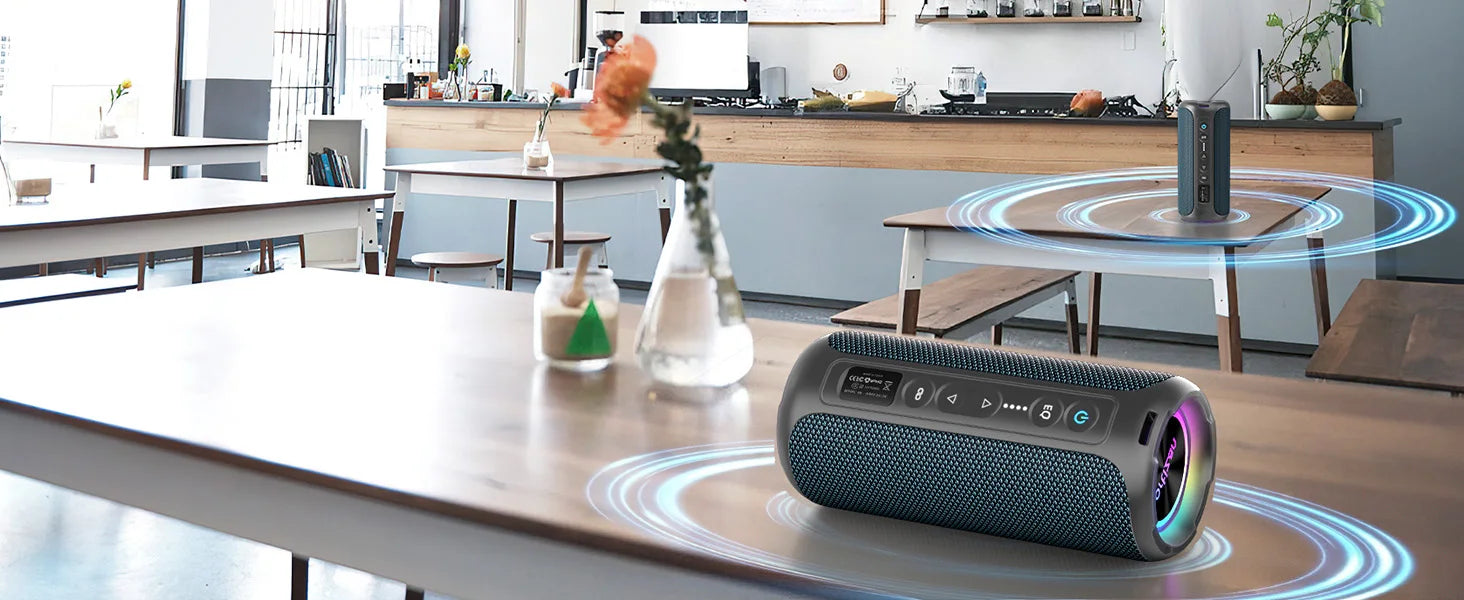 Altavoces Bluetooth Ortizan, altavoz estéreo inalámbrico portátil - IPX7 resistente al agua, sonido fuerte, graves profundos, luz LED, Bluetooth 5.3