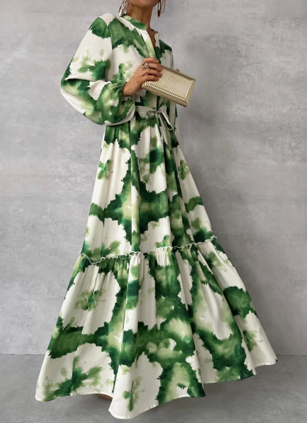 2024 verano elegante mujeres Maxi vestidos moda estampado verde manga larga cuello en V ajuste de cintura Vestido largo Mujer Vestido de fiesta