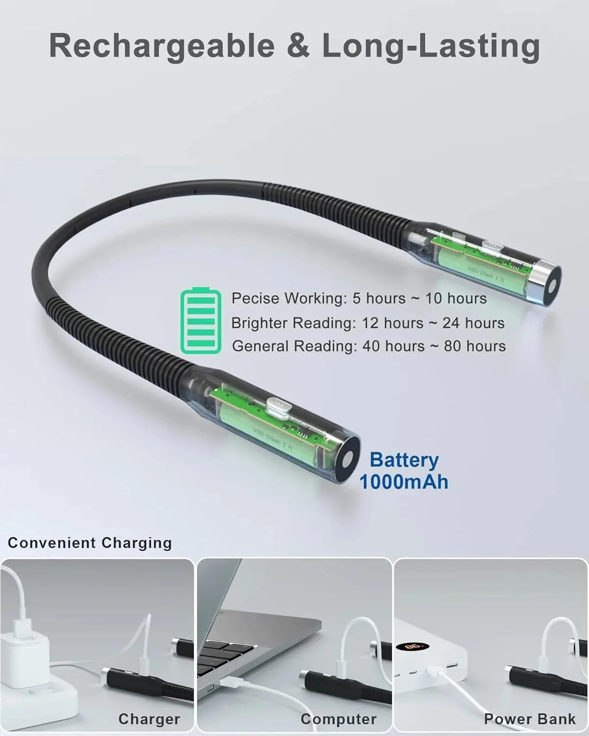 Luz LED para el cuello, 3 modos, lámpara de lectura para abrazos, lámpara portátil recargable para libros, novedad, linterna para libros, luz nocturna para el cuello