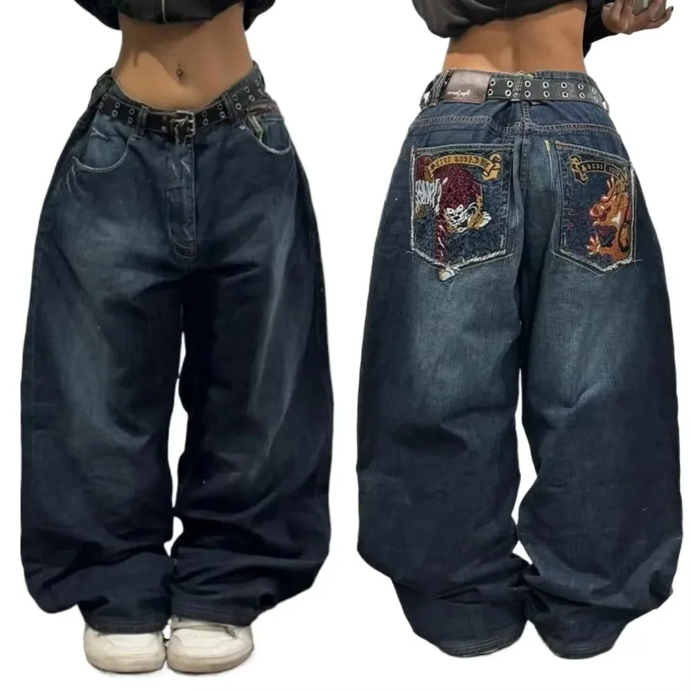 Pantalones Vaqueros Holgados Vintage de Pierna Ancha Y2K para Mujer