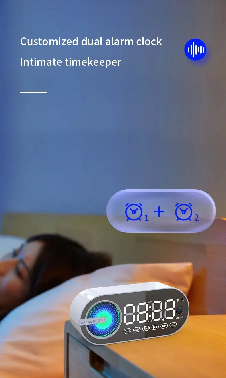 Radio Reloj Despertador Recargable USB, Altavoz Bluetooth Portátil RGB, FM, Pantalla Grande, Silencioso, Espejo Digital, para Dormitorio, Oficina, Escritorio