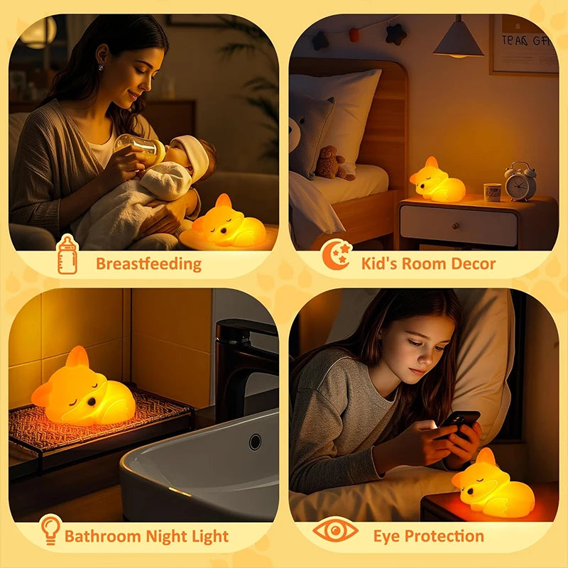 Luz nocturna de zorro, lindos regalos de luz nocturna de silicona para niños, luces de animales con control táctil, temporizador y recargable por USB