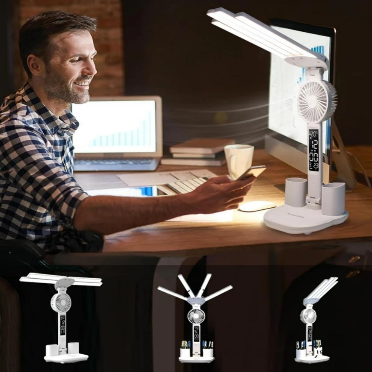 Lámpara LED de Mesa con Ventilador, Reloj y Carga USB, 3 Modos de Color