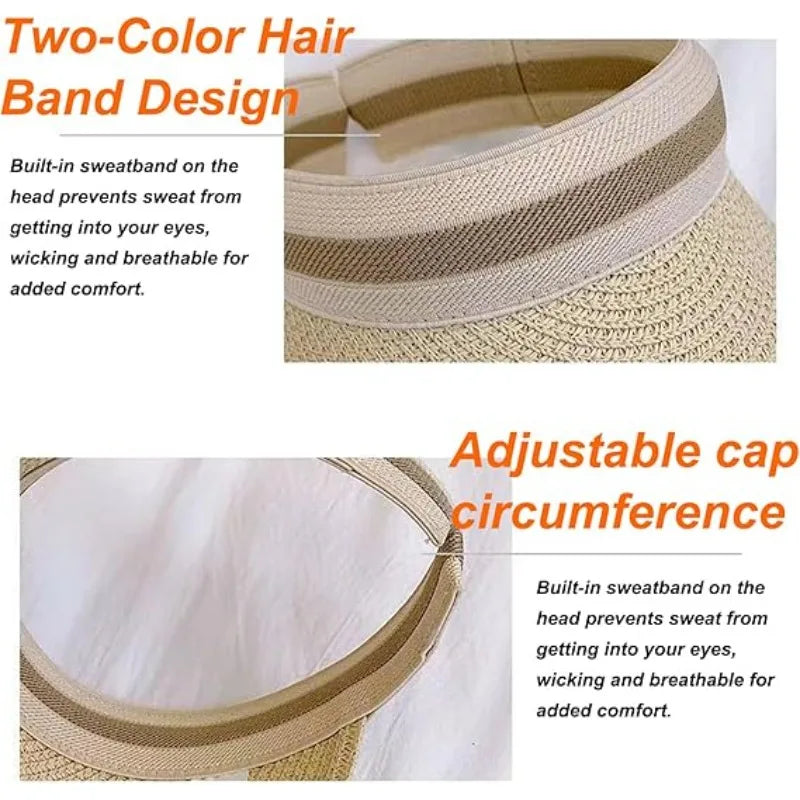 Sombrero de Paja para Mujer con Ala Ancha, Protección UV, Visera de Playa para Verano con Orificio para Cola de Caballo, para Golf, Viajes y Actividades al Aire Libre