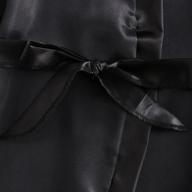 Pijama negro Sexy para mujer, Tops con tirantes de seda y encaje de 4 piezas, pantalones cortos, bata, conjunto de pijama, camisón, ropa interior, traje