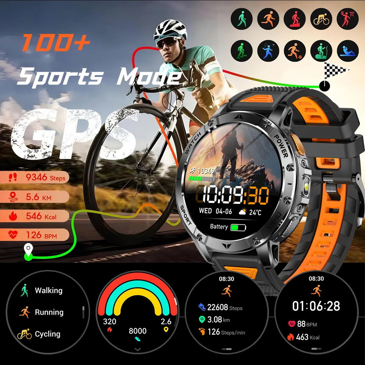 Reloj Inteligente Militar 1400mAh 10ATM Linterna