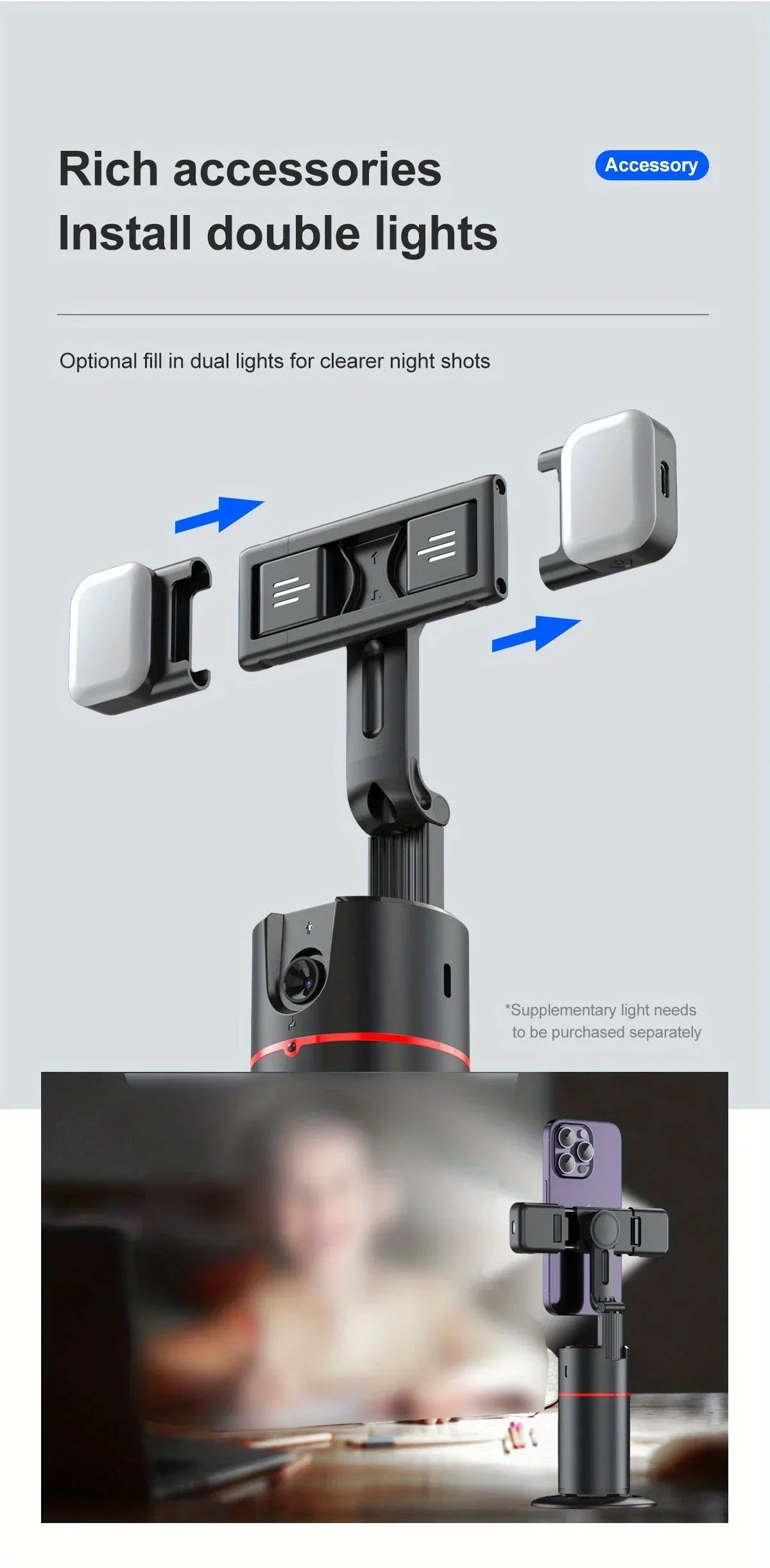 Soporte para Teléfono de Escritorio P02 con Seguimiento Facial 360 °   Gimbal Giratorio Automático para iPhone 16 15 Samsung S23 Xiaomi, Palo Selfie de Mano