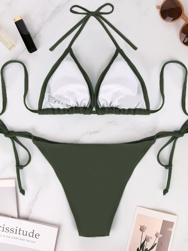 Conjunto de bikini sexy de 2 piezas para mujer, de color liso, sin tirantes, con espalda descubierta, tanga, traje de baño de verano, con detalles laterales de vendaje.
