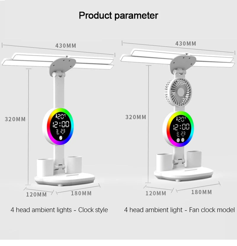 Lámpara de mesa recargable para estudio, lámpara de escritorio, luz de lectura, luz de mesa Led con ventilador, lámpara de lectura de pantalla de reloj Led