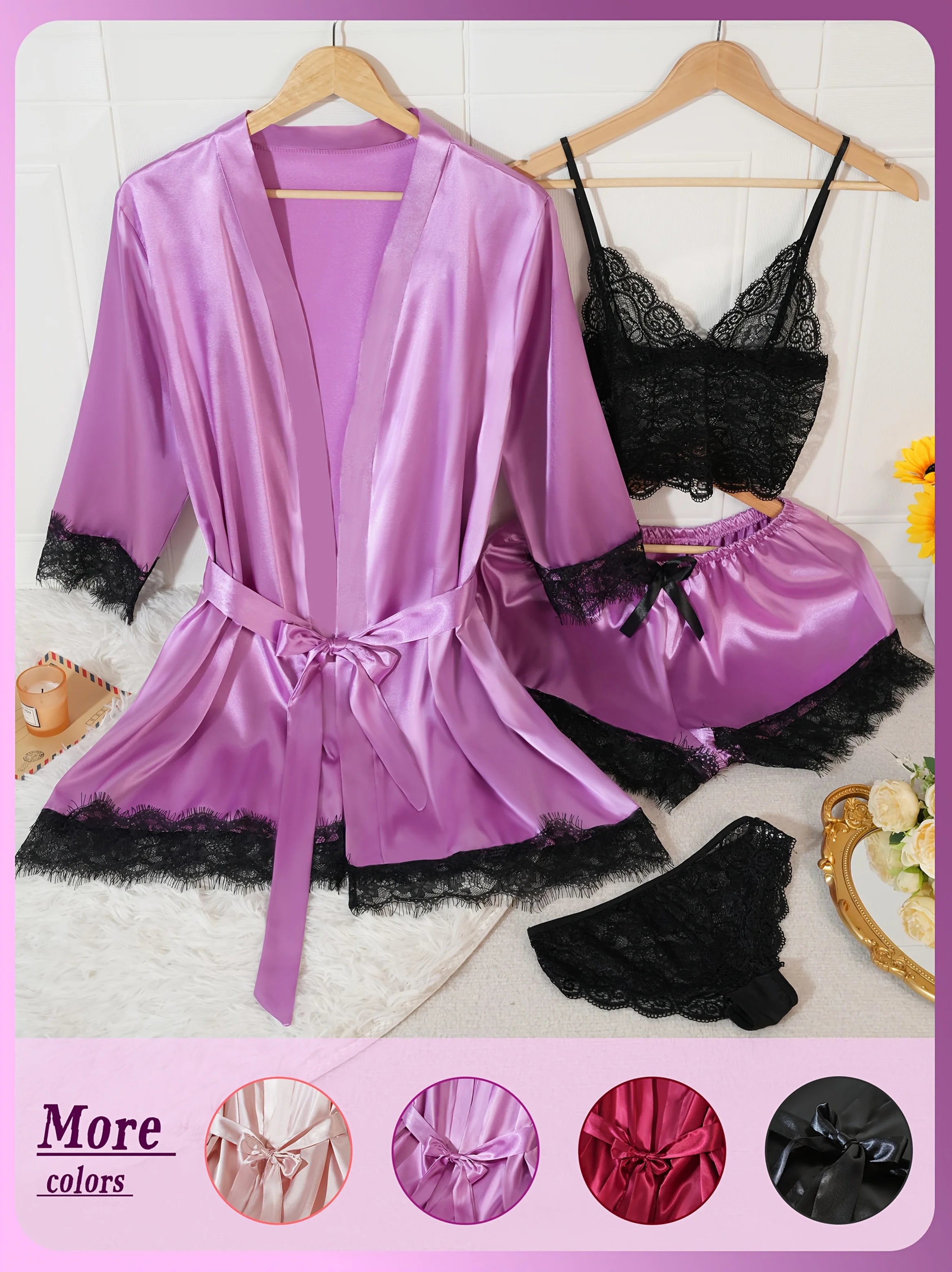 Conjunto de Pijama de Satén para Mujer 4 Piezas con Bata y Encaje