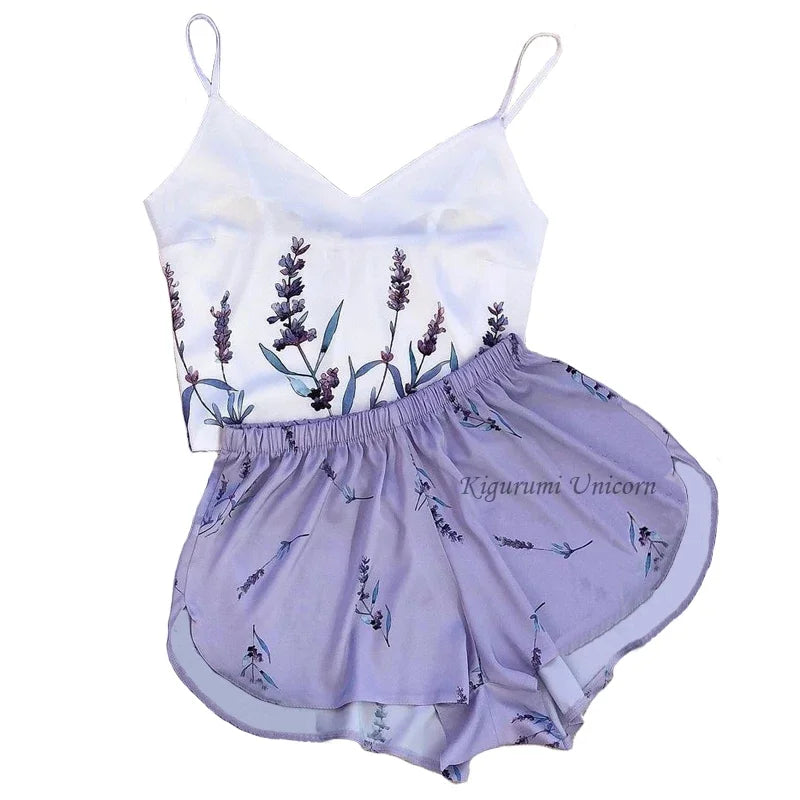 Conjunto de pijamas de seda sintética satinada para mujer, Top con tirantes y pantalones, ropa de dormir con estampado Floral, ropa de dormir de otoño para el hogar, bata de S-XXL