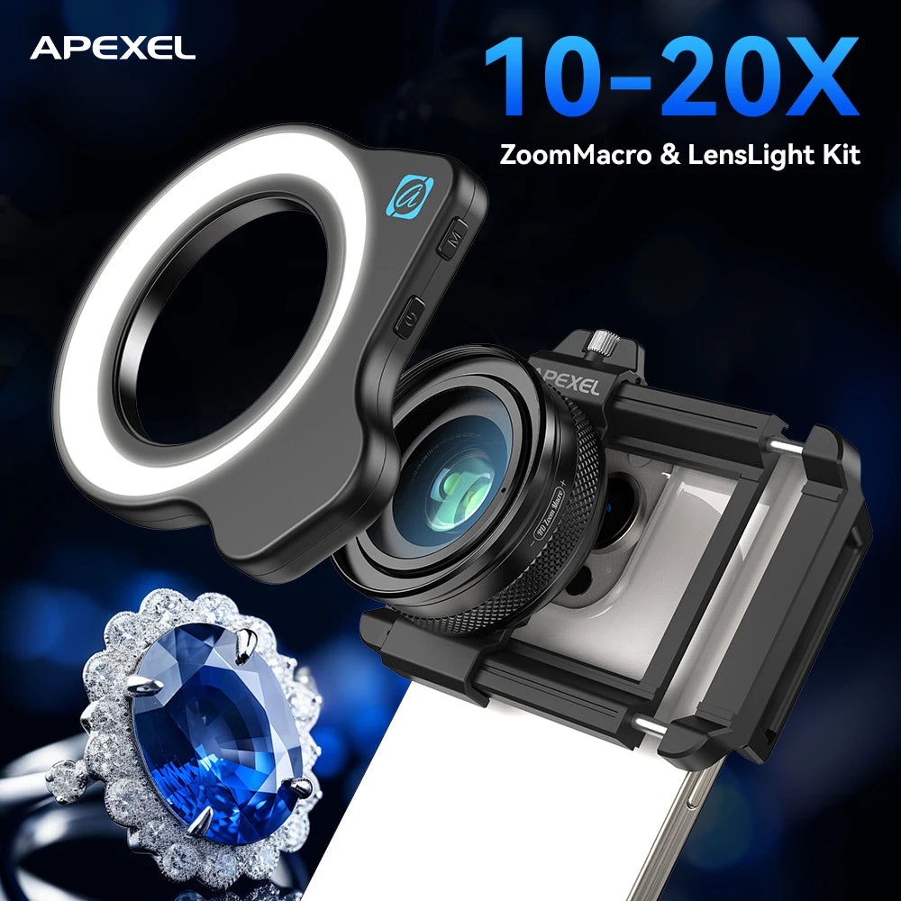 Lente Macro APEXEL 10-20X HD con Luz LED para Smartphones