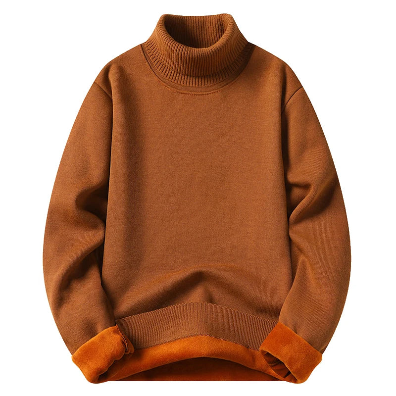 Suéter de cuello alto para hombre, prendas de punto de lana, jerséis de terciopelo de Color sólido, suéteres de punto marrones de marca de lujo elegantes ajustados