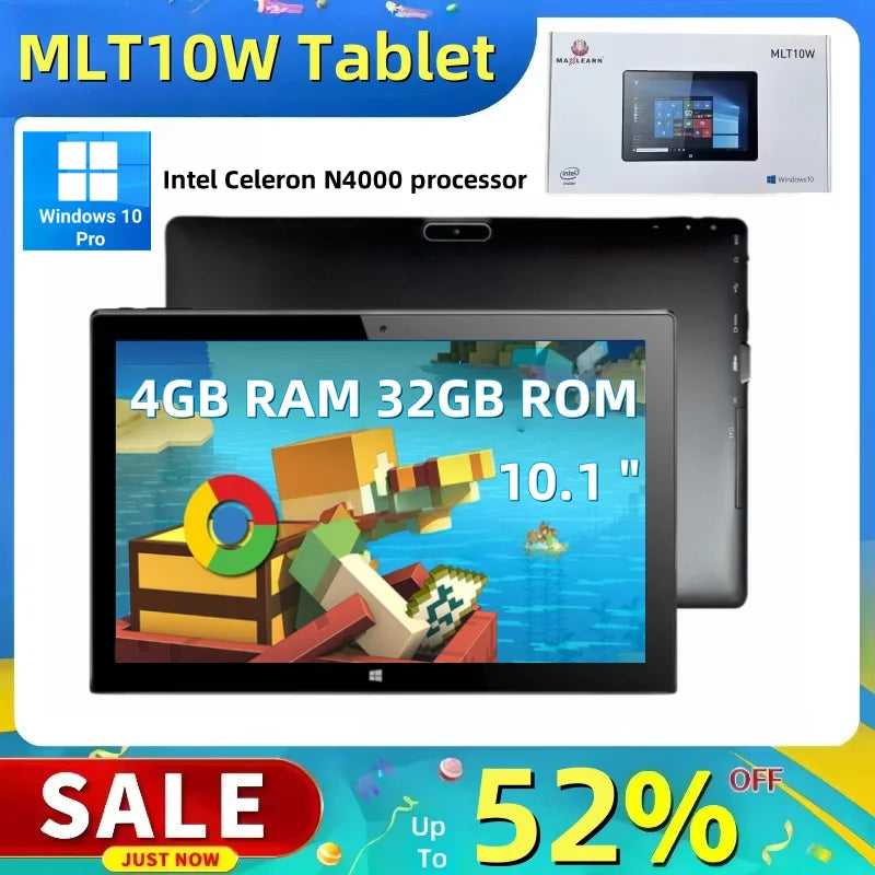 Tabletas de 10.1 Pulgadas con Intel Celeron N4000, Windows 10 Pro, 4GB de RAM, 32GB de ROM, 64 bits, Cámara Dual, HD-MI, USB 3.0, 1280 x 800 IPS G+P