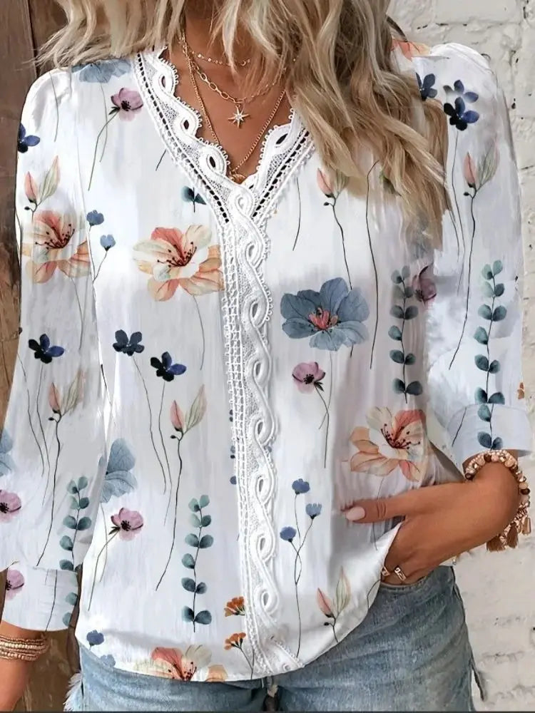 Camisa de Manga Larga con Volantes y Estampado para Mujer