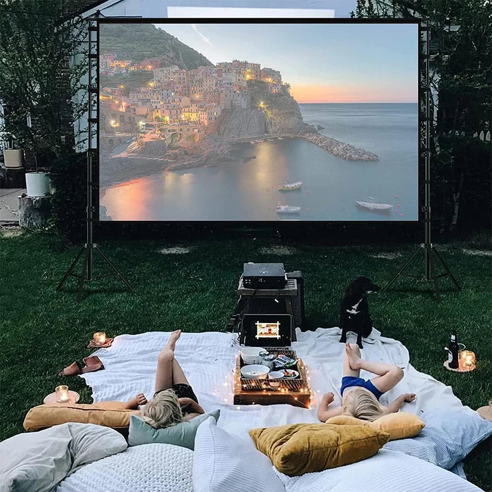 LEJIADA-Pantalla de proyector con soporte, pantalla blanca sin arrugas de 60-150 pulgadas, ángulo de visión de 160 °, doble cara, cine en casa, al aire libre
