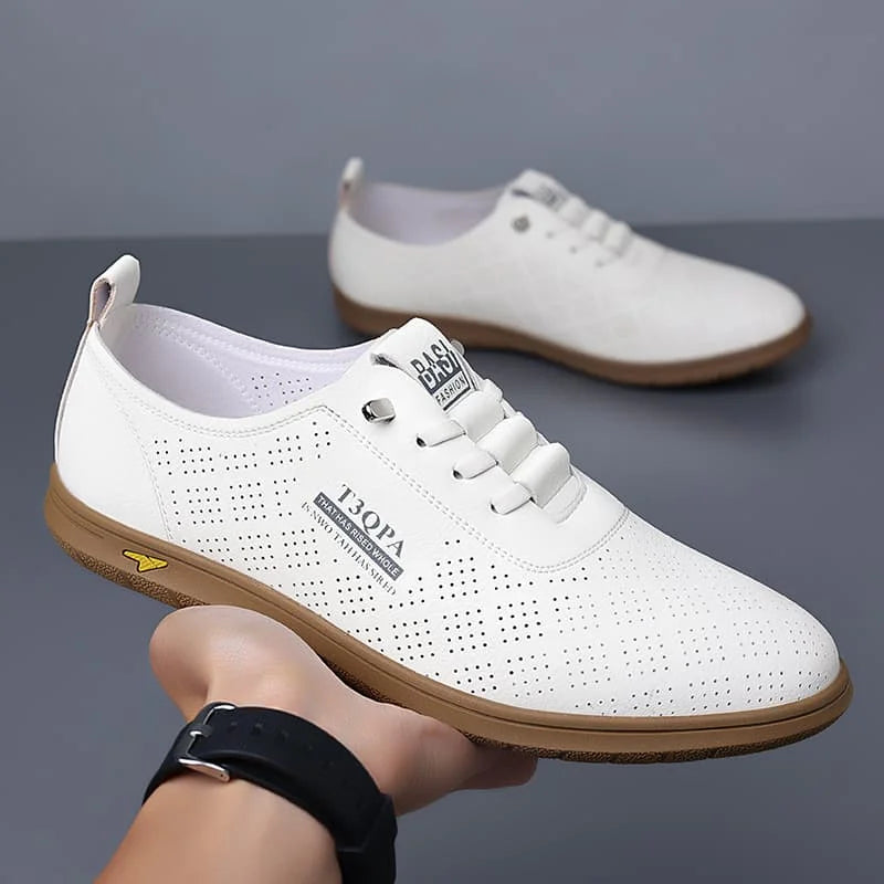Zapatos de vestir mocásin para hombre, cuero blanco, decoración perforada