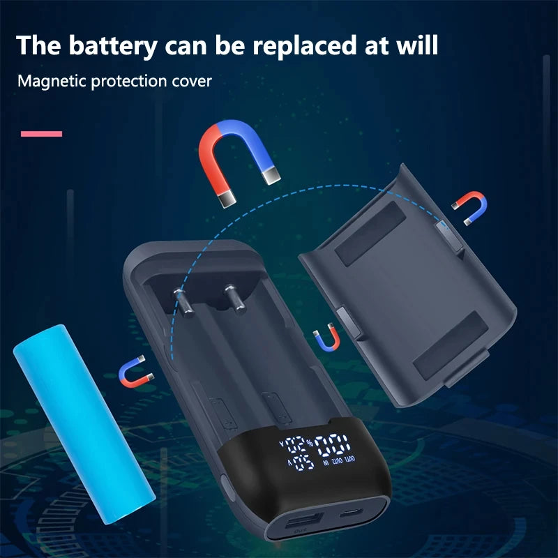 Caja Cargadora Power Bank 18650/21700, Carga Rápida QC3.0 18W