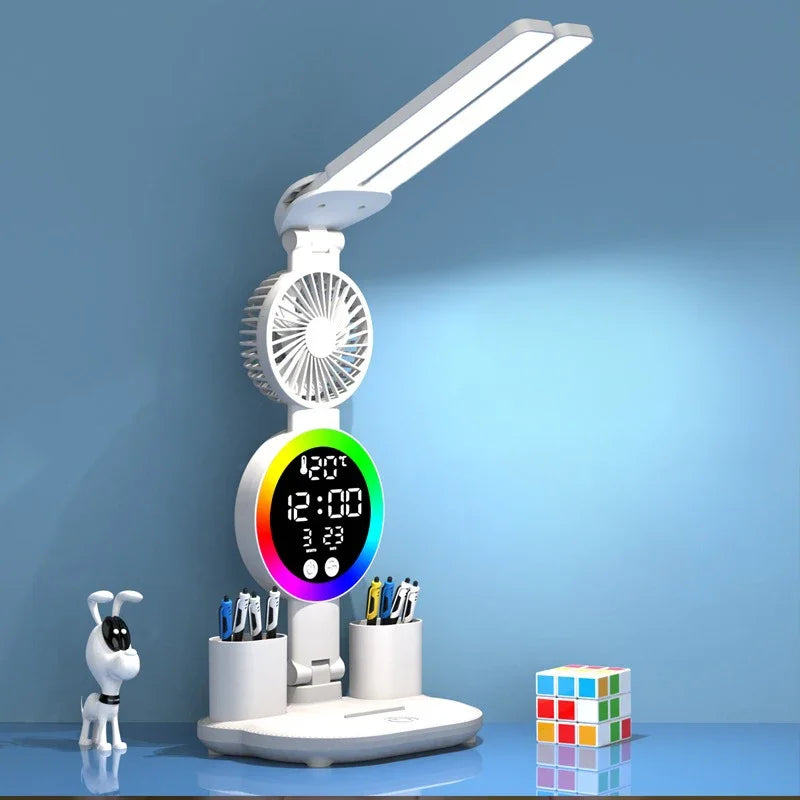 Lámpara de mesa Led para estudio, lámpara de escritorio, luz de lectura, luz nocturna Led con ventilador, reloj Led, pantalla, luz de escritorio de lectura
