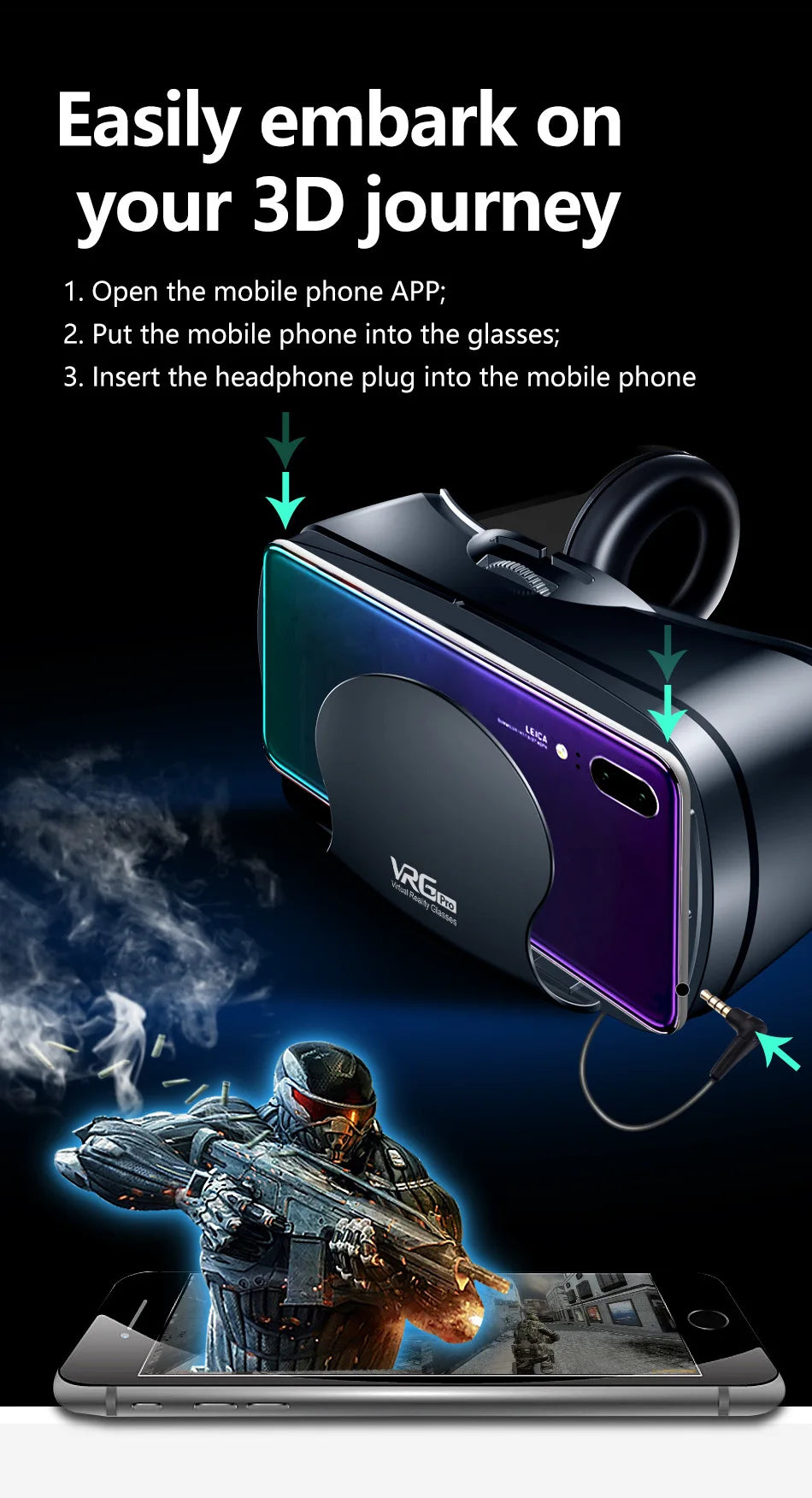 VRG Pro 3D gafas de realidad Virtual VR dispositivos auriculares Viar gafas lentes de casco inteligentes para teléfonos inteligentes visor dispositivos móviles