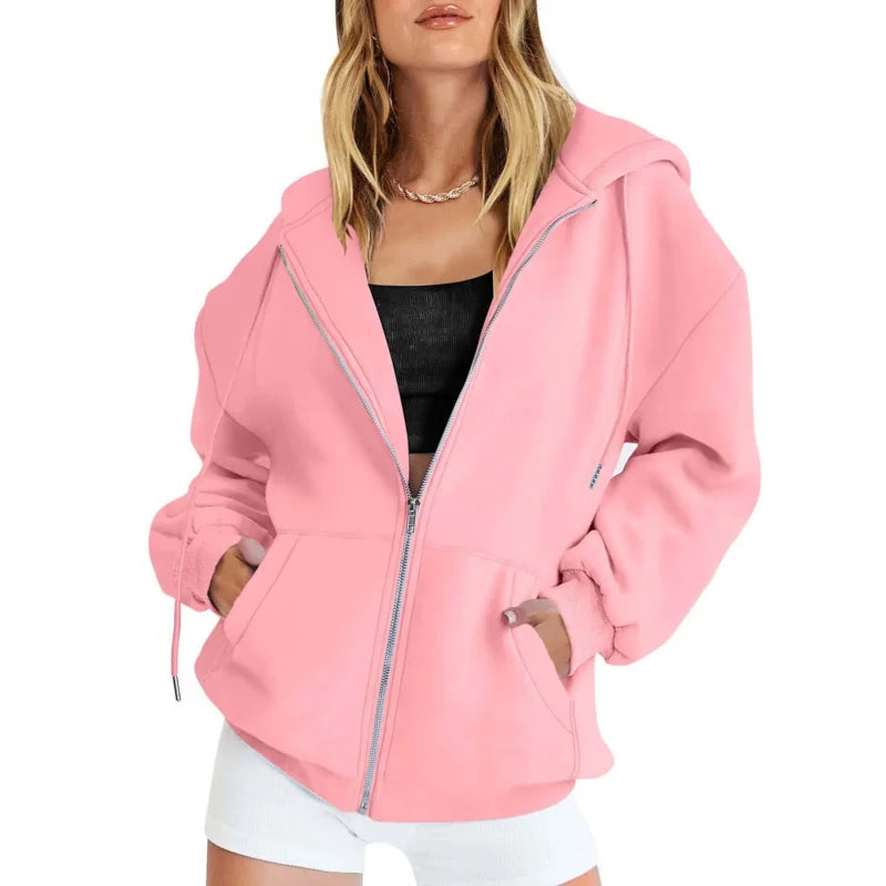Sudadera gris con cremallera para mujer, chaqueta de otoño e invierno, ropa con capucha, sudaderas con bolsillos diarios, sudaderas con capucha lisas y versátiles de manga larga para mujer