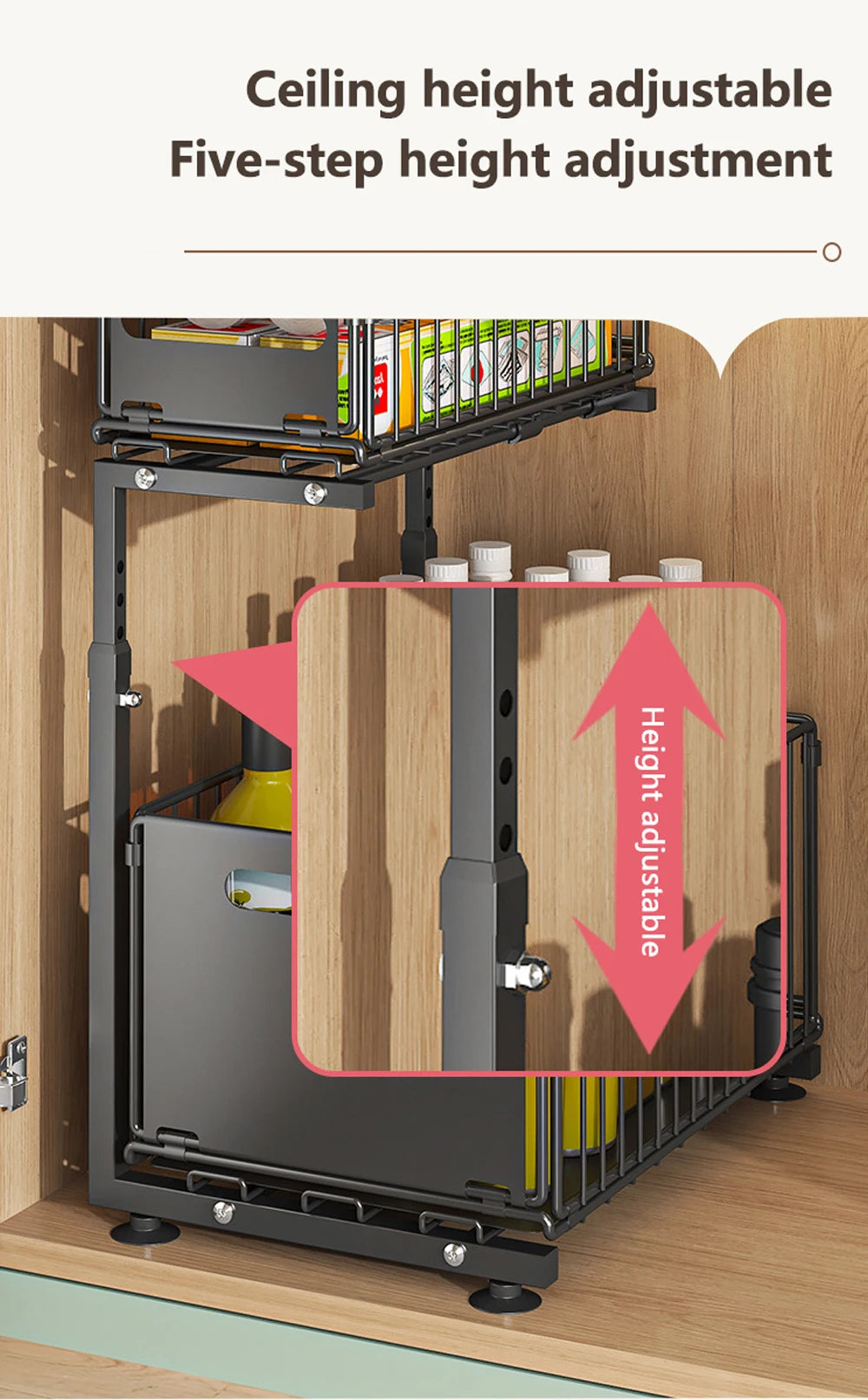 Organizador de gabinete extraíble de 2 niveles, estante de almacenamiento de cocina ajustable, organizador debajo del fregadero, estante de almacenamiento para tarros de especias, cajón deslizante