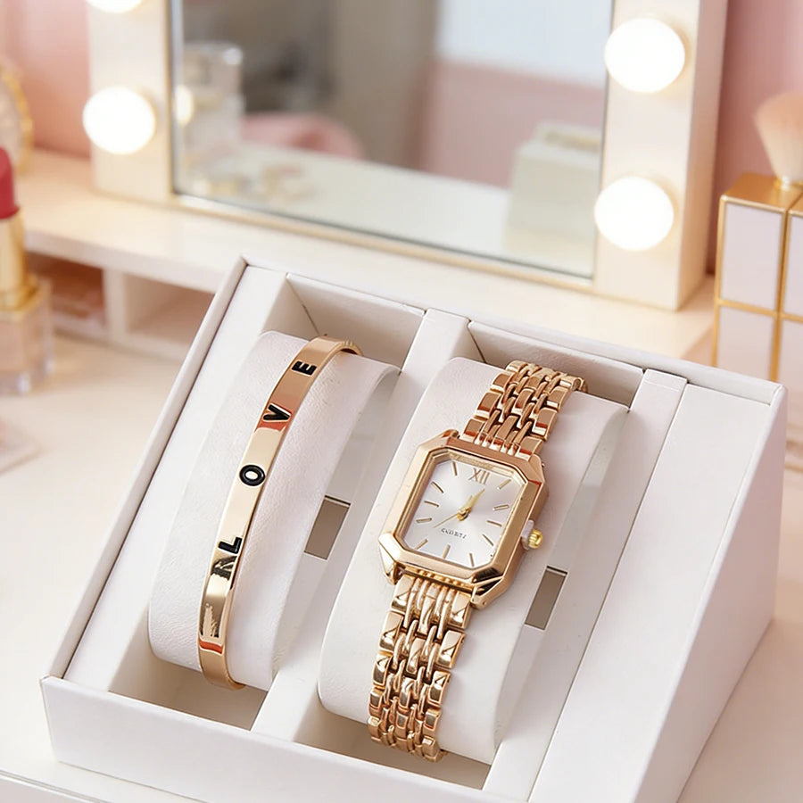 2 unids/set de reloj de cuarzo de lujo para mujer con pulsera de amor, conjunto de banda de aleación, relojes de pulsera de cuarzo para mujer de negocios, reloj femenino dorado
