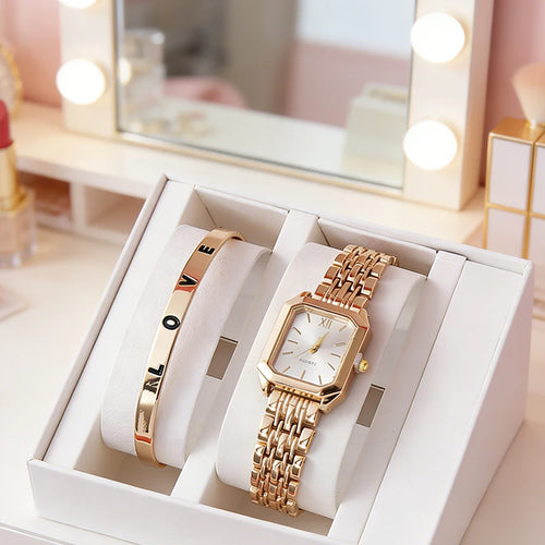 2 unids/set de reloj de cuarzo de lujo para mujer con pulsera de amor, conjunto de banda de aleación, relojes de pulsera de cuarzo para mujer de negocios, reloj femenino dorado