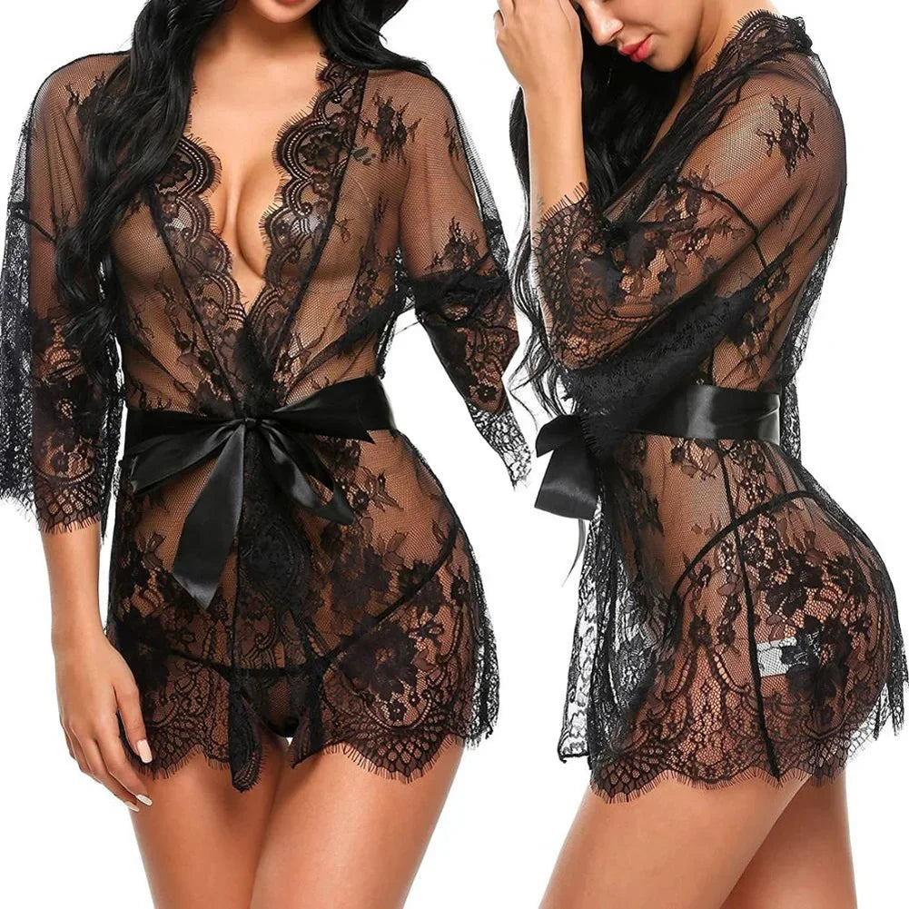 Babydoll Transparente con Cuello en V, Tanga de Encaje para Mujer