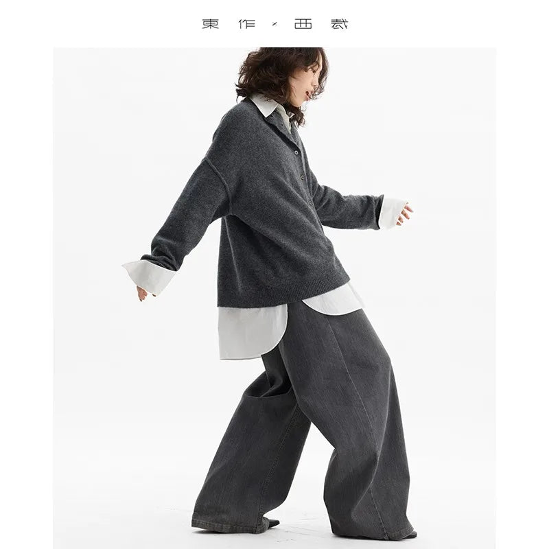Jeans Americanos Retro de Cintura Alta para Mujer, Pierna Ancha con Acabado Desgastado
