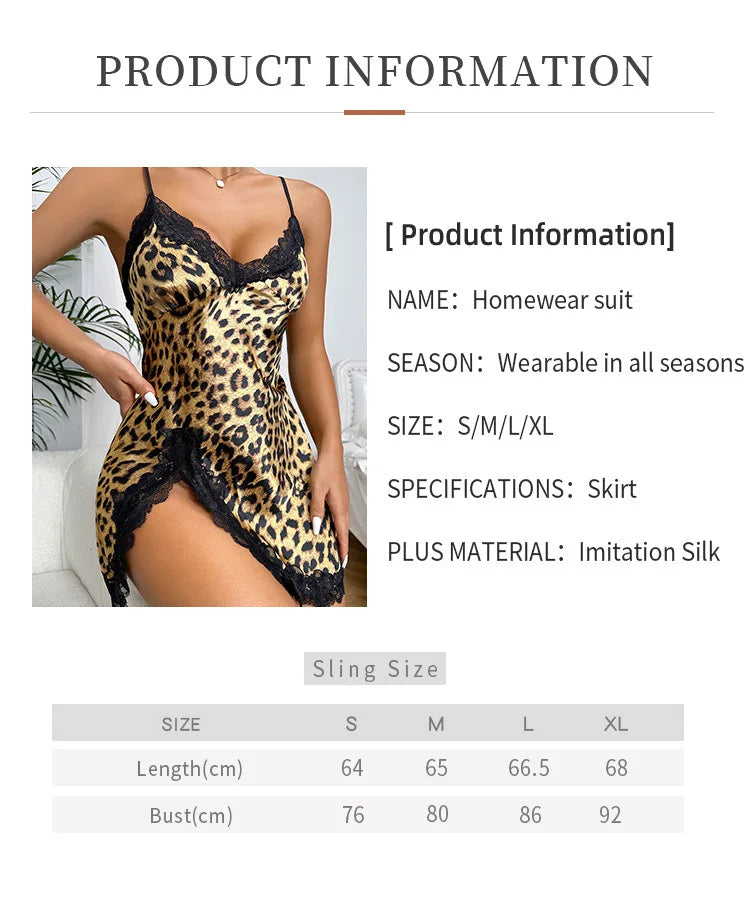 Camisón Lencería Leopardo con Encaje, Escote V y Abertura Lateral