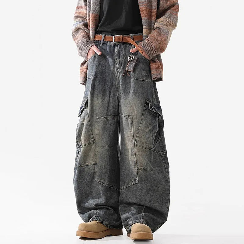 Pantalones Vaqueros Retro de Múltiples Bolsillos para Hombre, Pierna Ancha