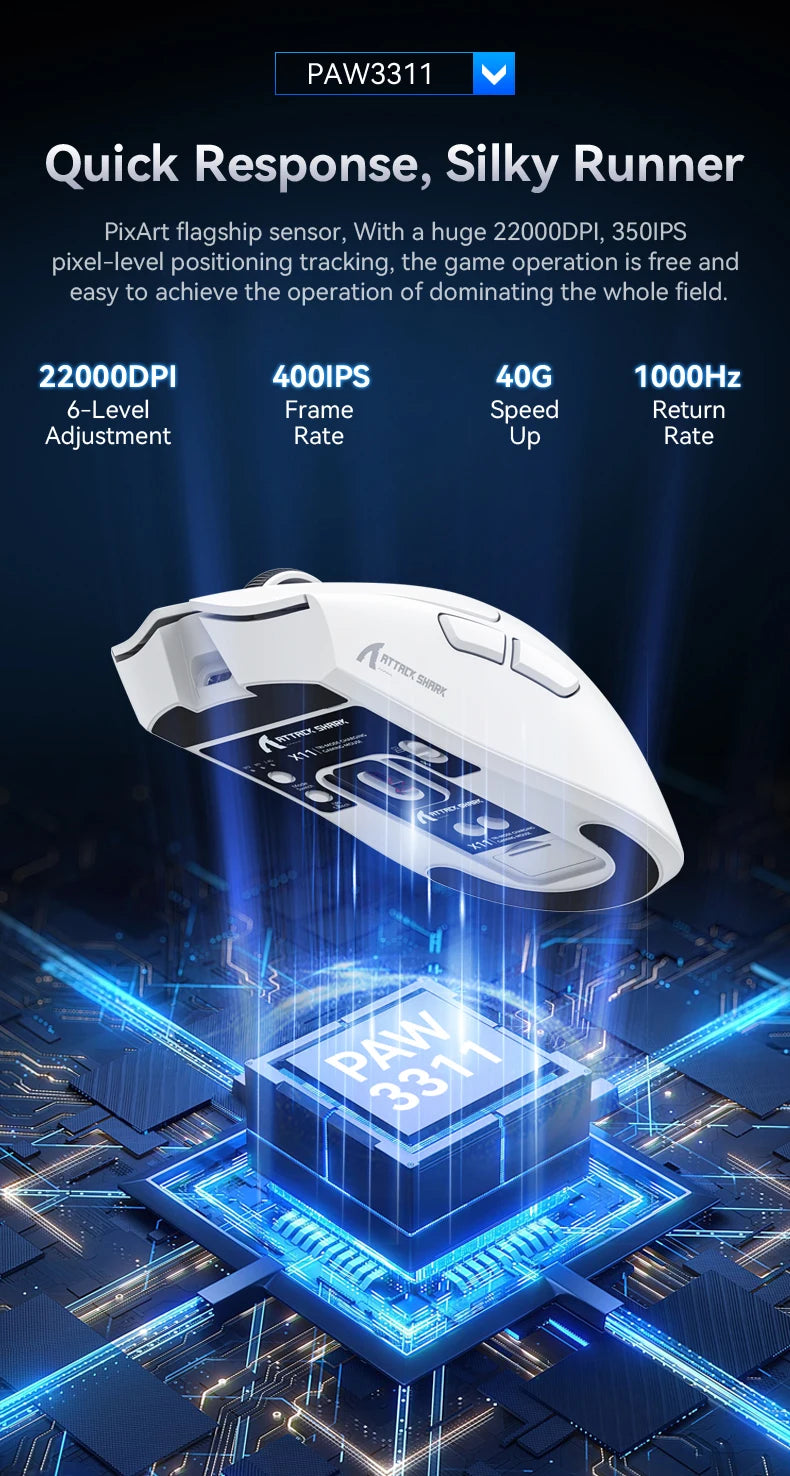 Ratón inalámbrico Bluetooth Attack Shark X11, tres modos, 2,4G, PAW3311, RGB, base de carga magnética para PC, ratón para juegos de deportes electrónicos