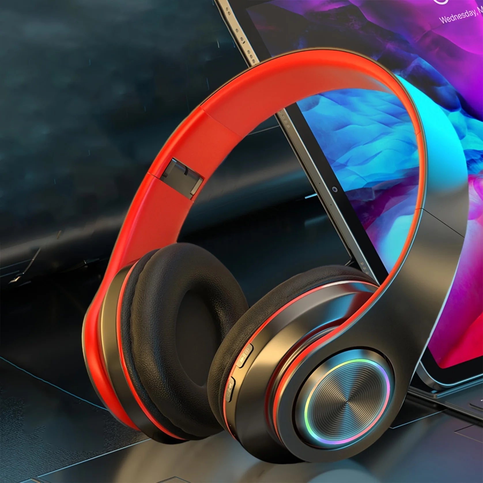Auriculares inalámbricos sobre la oreja: cancelación activa de ruido, graves profundos, luz LED, diseño plegable portátil para música, deportes y juegos