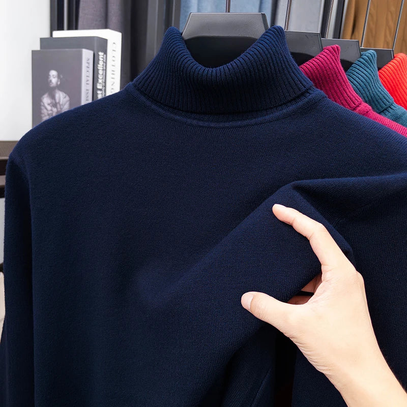 Otoño para hombre de alta calidad de punto suéter de cuello alto ajustado de manga larga anti-pilling jersey Color sólido tendencia hombres Streetwea
