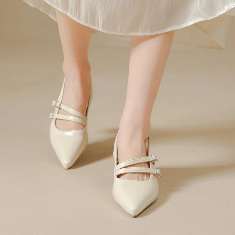 Zapatos de Tacón Ancho con Punta en Pico y Tira Trasera para Mujer, Estilo Francés Chic, Minimalistas, para Oficina, Vestir, Sandalias Casuales con Hebilla para Fiesta