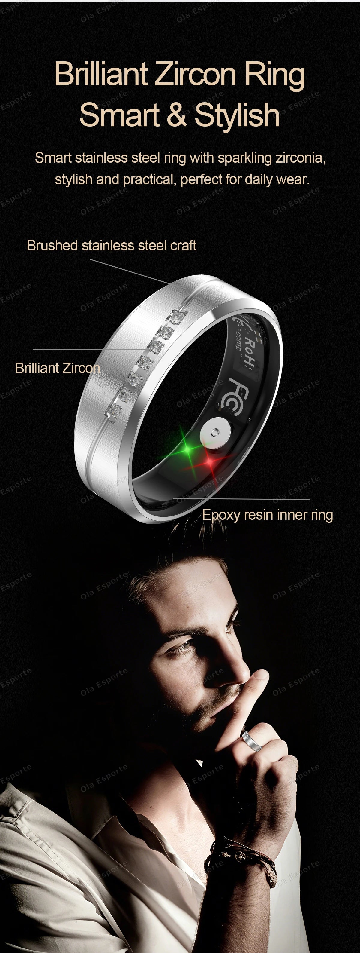 Anillo Inteligente de Joyería de Moda con Recordatorio de Llamadas, Alarma por Vibración, Monitor de Frecuencia Cardíaca y Oxígeno en Sangre, Resistente al Agua IP68, Regalo para Hombre
