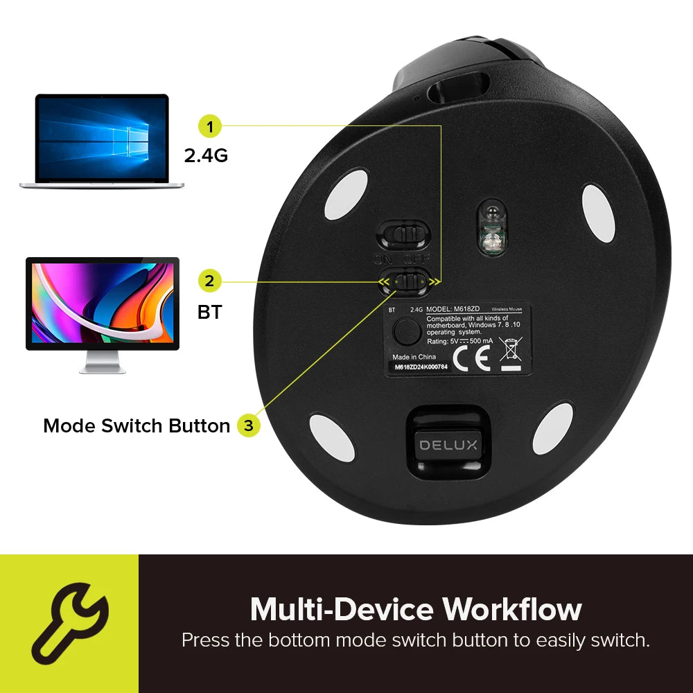 Delux M618ZD Ratón Vertical inalámbrico ergonómico de mano izquierda Bluetooth 2,4 GHz recargable silencioso clic ratones para oficina mano pequeña