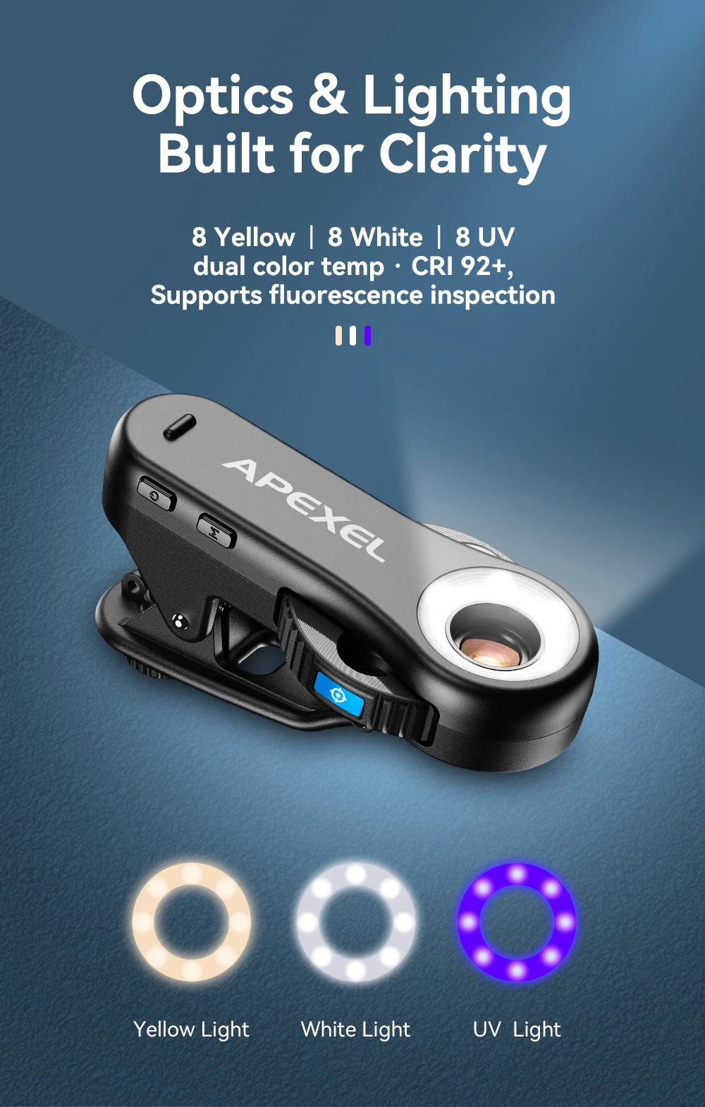 Microscopio APEXEL 3 en 1 40x/80x/120x con Luz LED para Celular