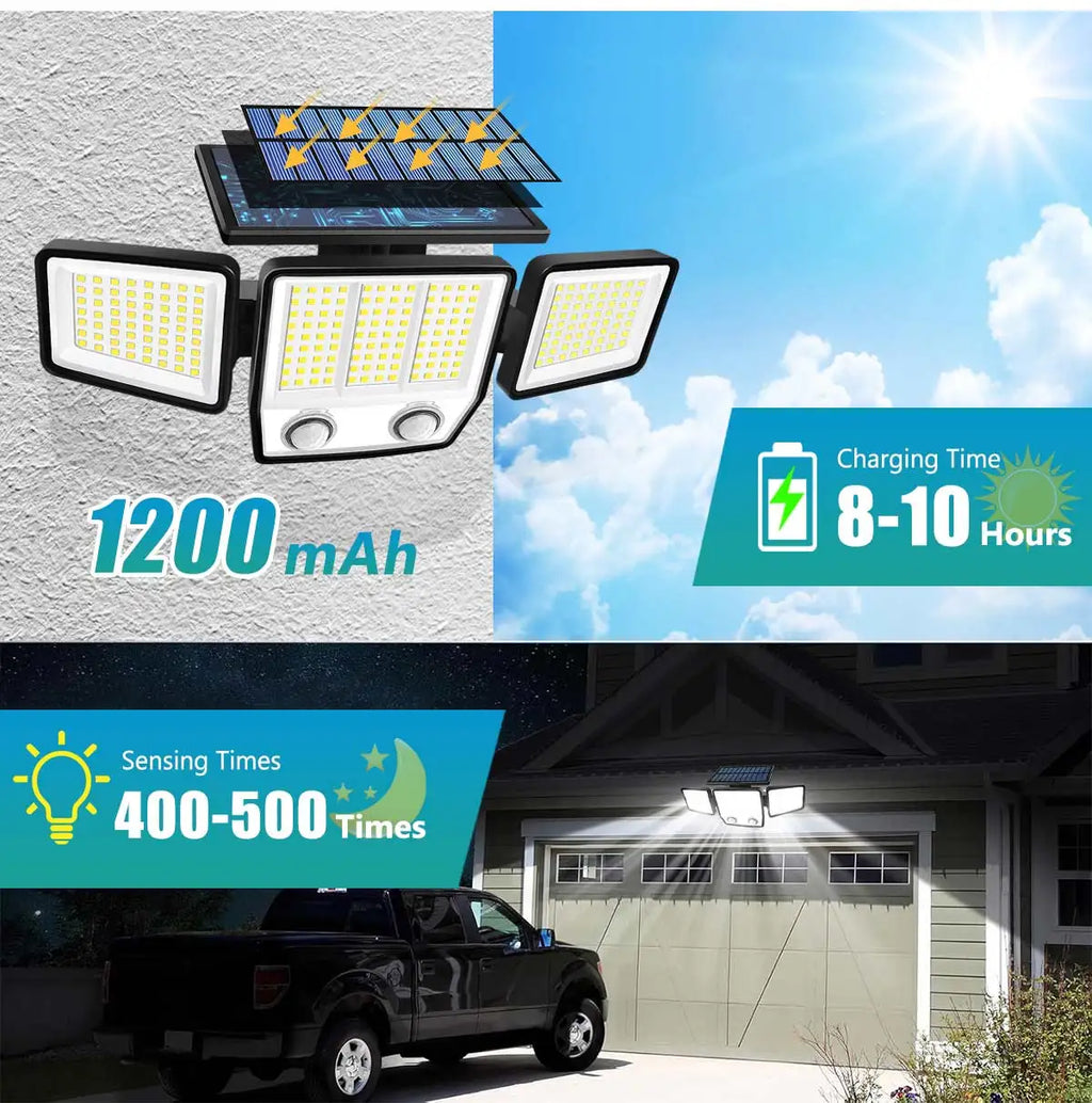 Luz Solar Exterior 3 Cabezales Ajustables con Sensor de Mov